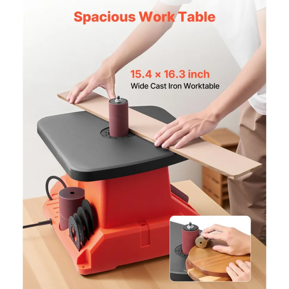 VEVOR Oscillating Spindle Sander, 2400RPM Benchtop Spindle Sander with 6 Sleeves (1/2"-3"), 5/8" Stroke & 15.4 x 16.3-inch Wide Worktable for Furniture Finishing, Crafts Sanding, DIY Woodworking
