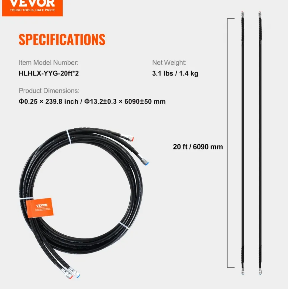 VEVOR Outboard Hose Kit, 20 ft Hydraulic Steering Hose, 2-Piece Leak-Proof TPEE Hydraulic Boat Hoses, Compatible with Marine Hydraulic Outboard Steering Boat System up to 300 HP