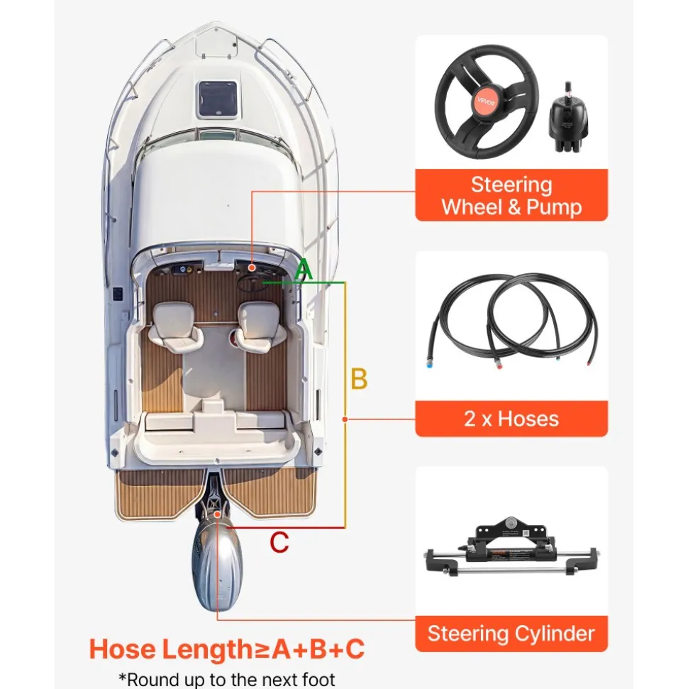 VEVOR Outboard Hydraulic Steering Kit, 200 HP, Marine Boat Hydraulic Steering System with 6.9 MPa Two-Way Lock Helm Pump, Cylinder, 2 PCS 26 ft Hoses, 13.5" Wheel for Single Station, Single-Engine Use