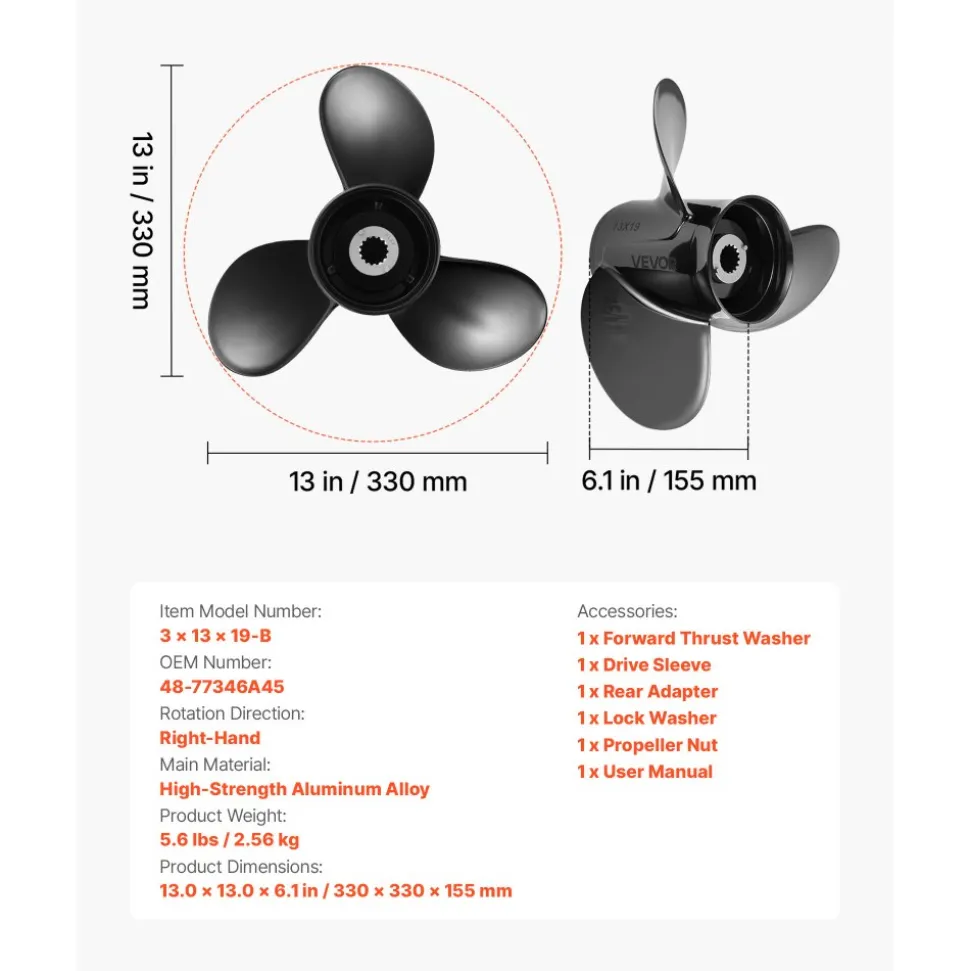 VEVOR Outboard Propeller, Upgrade OEM 15 Spline Tooth Aluminum Outboard Boat Propeller Fit Mercury Engines 40-140 HP, 4-1/4" Gearcase, 3-Blade, RH (Right Hand Rotation), OEM Parts No. 48-77346A45