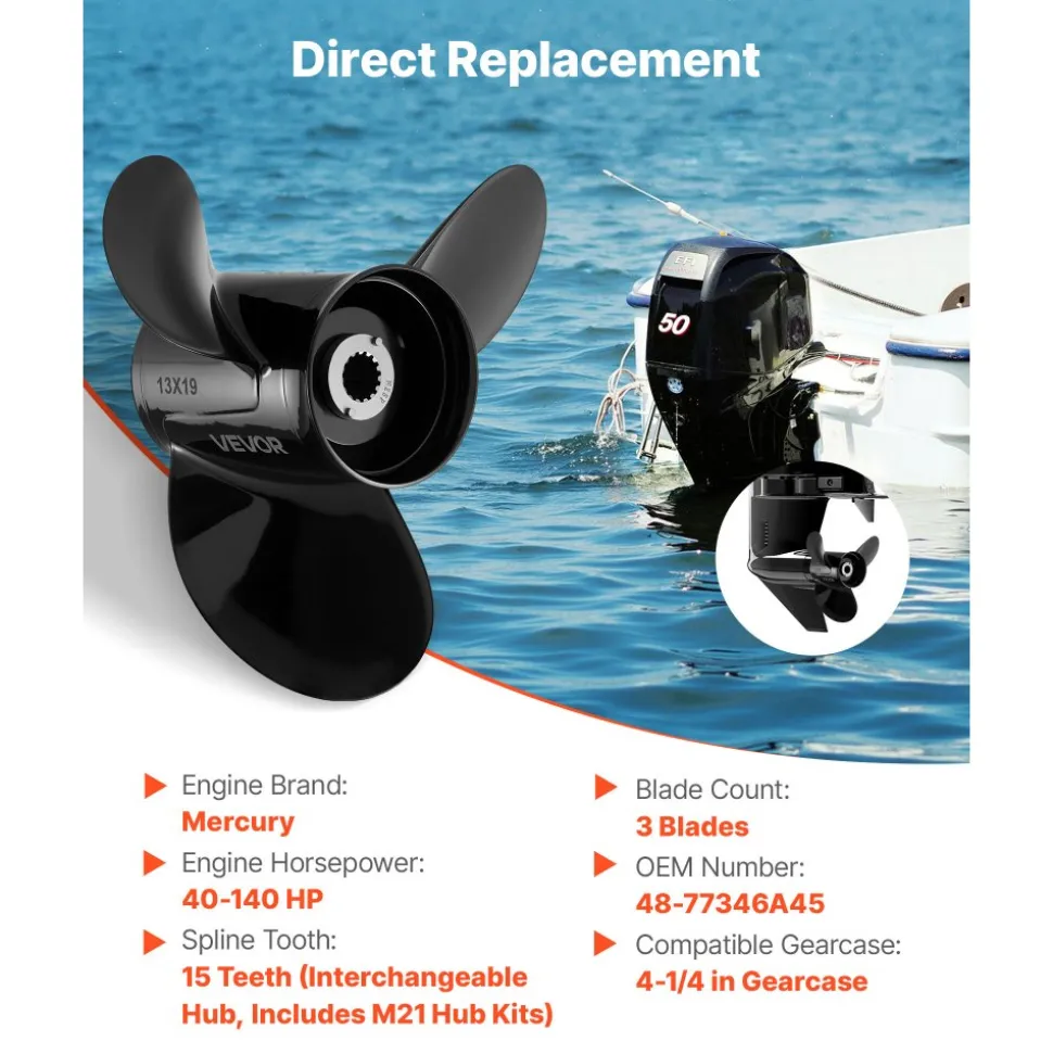 VEVOR Outboard Propeller, Upgrade OEM 15 Spline Tooth Aluminum Outboard Boat Propeller Fit Mercury Engines 40-140 HP, 4-1/4" Gearcase, 3-Blade, RH (Right Hand Rotation), OEM Parts No. 48-77346A45