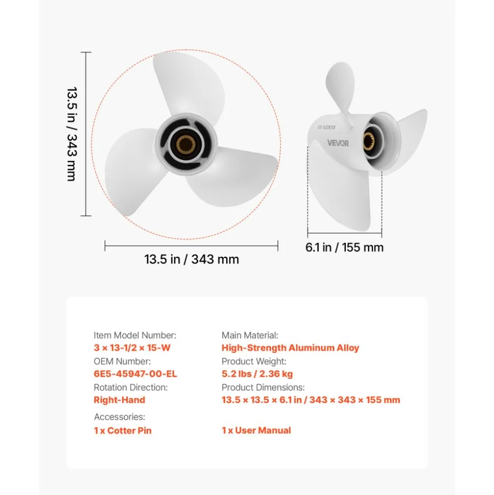 VEVOR Outboard Propeller, Upgrade OEM 15 Spline Tooth Aluminum Outboard Boat Propeller Fit Yamaha Engines 60-130 HP, 4-1/4" Gearcase, 3-Blade, RH (Right Hand Rotation), OEM Parts No. 6E5-45947-00-EL