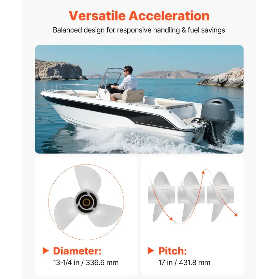 VEVOR Outboard Propeller, Upgrade OEM 15 Spline Tooth Aluminum Outboard Boat Propeller Fit Yamaha Engines 50-130 HP, 4-1/4" Gearcase, 3-Blade, RH (Right Hand Rotation), OEM Parts No. 6E5-45954-00-EL