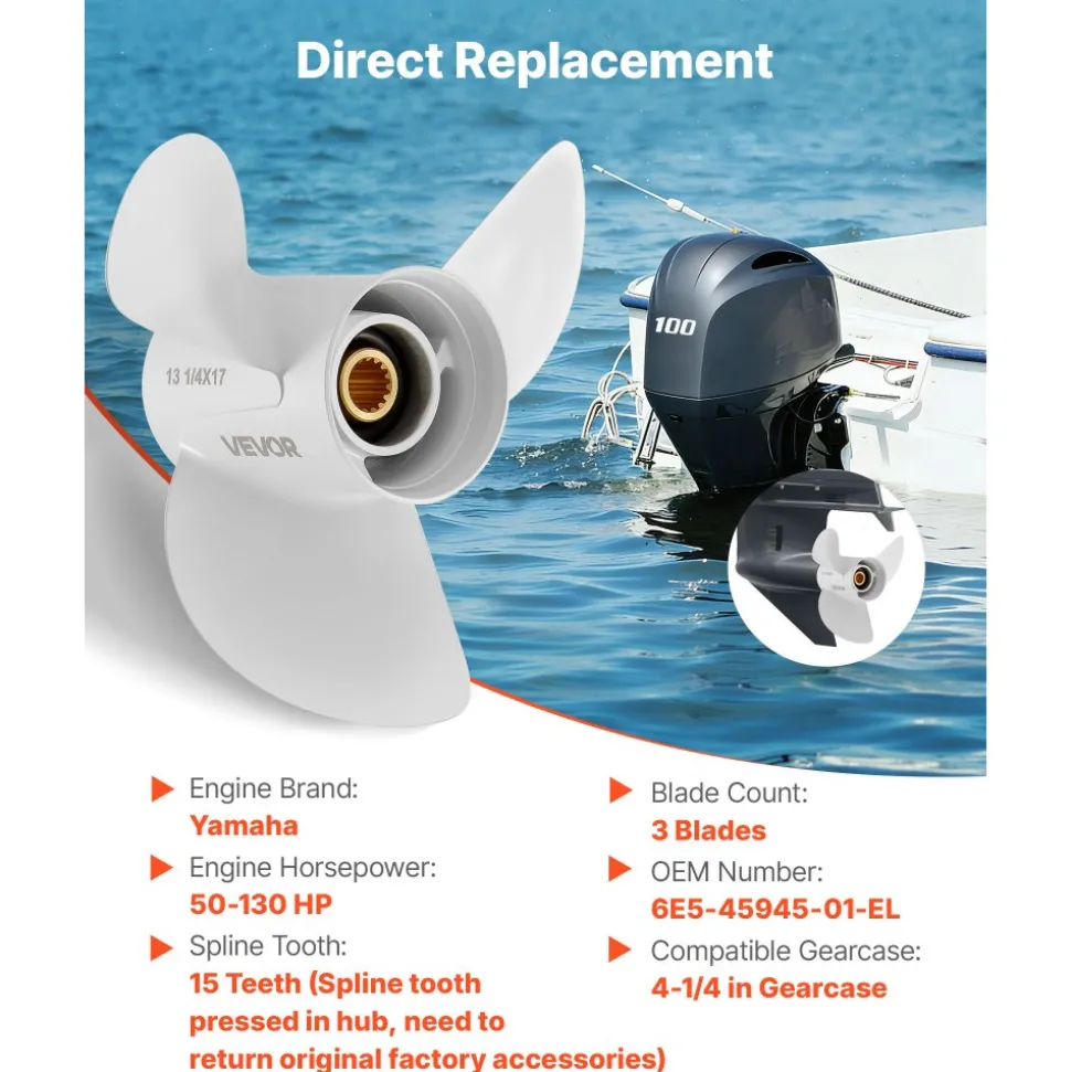 VEVOR Outboard Propeller, Upgrade OEM 15 Spline Tooth Aluminum Outboard Boat Propeller Fit Yamaha Engines 50-130 HP, 4-1/4" Gearcase, 3-Blade, RH (Right Hand Rotation), OEM Parts No. 6E5-45954-00-EL