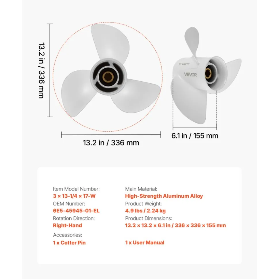 VEVOR Outboard Propeller, Upgrade OEM 15 Spline Tooth Aluminum Outboard Boat Propeller Fit Yamaha Engines 50-130 HP, 4-1/4" Gearcase, 3-Blade, RH (Right Hand Rotation), OEM Parts No. 6E5-45954-00-EL