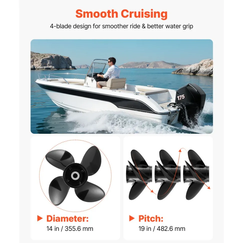 VEVOR Outboard Propeller, Upgrade OEM 15 Spline Tooth Aluminum Outboard Boat Propeller Fit Mercury/Mariner Engines 135-300 HP, 4-3/4" Gearcase, 4-Blade, RH (Right Hand Rotation), OEM No. 48-8M0084495