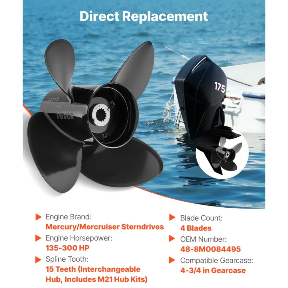 VEVOR Outboard Propeller, Upgrade OEM 15 Spline Tooth Aluminum Outboard Boat Propeller Fit Mercury/Mariner Engines 135-300 HP, 4-3/4" Gearcase, 4-Blade, RH (Right Hand Rotation), OEM No. 48-8M0084495