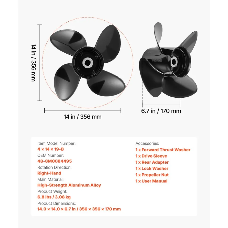 VEVOR Outboard Propeller, Upgrade OEM 15 Spline Tooth Aluminum Outboard Boat Propeller Fit Mercury/Mariner Engines 135-300 HP, 4-3/4" Gearcase, 4-Blade, RH (Right Hand Rotation), OEM No. 48-8M0084495