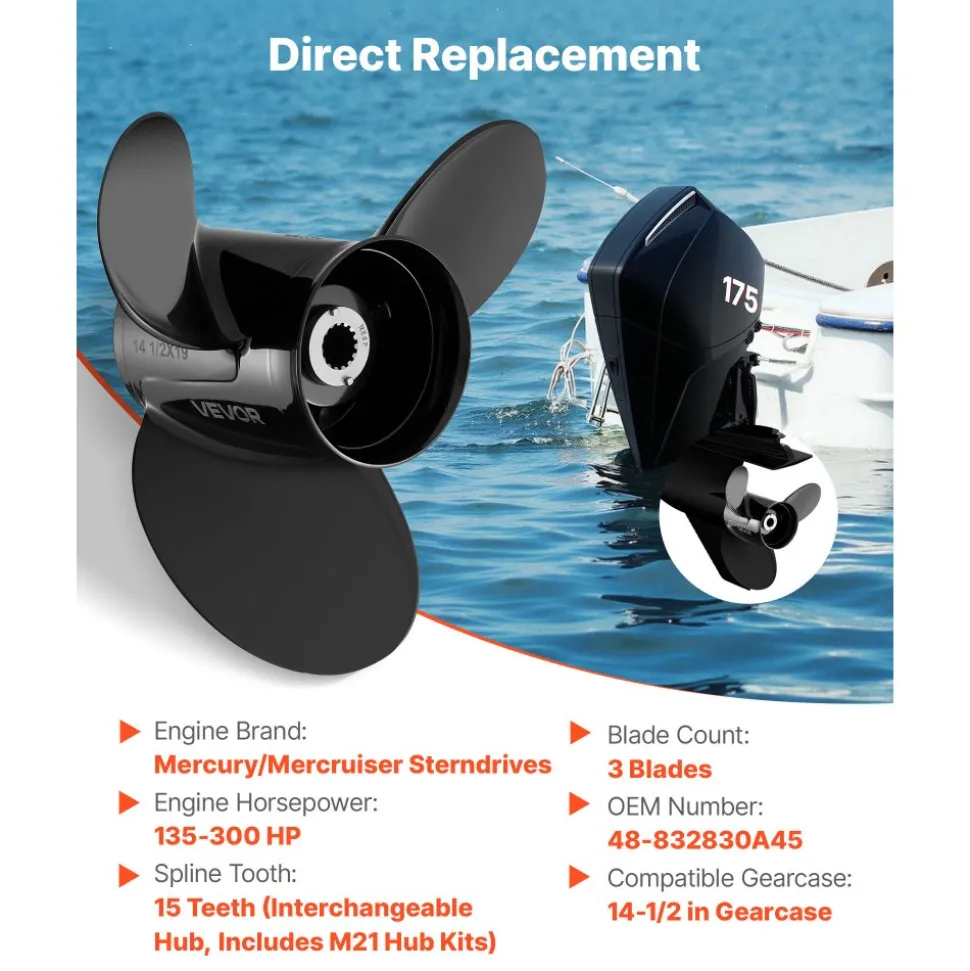 VEVOR Outboard Propeller, Upgrade OEM 15 Spline Tooth Aluminum Outboard Boat Propeller Fit Mercury/Mariner Engines 135-300 HP, 4-3/4" Gearcase, 3-Blade, RH (Right Hand Rotation), OEM No. 48-832830A45