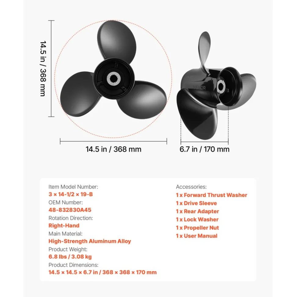 VEVOR Outboard Propeller, Upgrade OEM 15 Spline Tooth Aluminum Outboard Boat Propeller Fit Mercury/Mariner Engines 135-300 HP, 4-3/4" Gearcase, 3-Blade, RH (Right Hand Rotation), OEM No. 48-832830A45