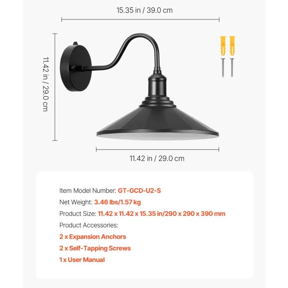VEVOR Outdoor Barn Light, 11.5 in Diameter, 2-Pack Farmhouse Gooseneck Light Fixture, Dusk to Dawn Exterior Wall Sconce, with Anti-Rust, E26 Bulb Compatible for Porch, House, Entryway, Garage, Black
