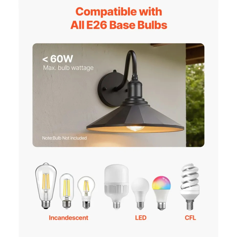 VEVOR Outdoor Barn Light, 11.5 in Diameter, 2-Pack Farmhouse Gooseneck Light Fixture, Dusk to Dawn Exterior Wall Sconce, with Anti-Rust, E26 Bulb Compatible for Porch, House, Entryway, Garage, Black