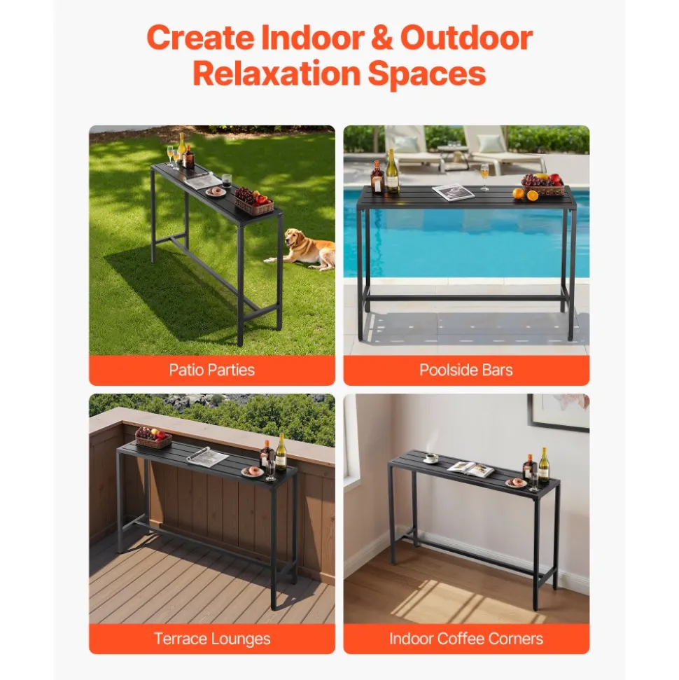VEVOR Outdoor Bar Table, 55 x 15 in Patio Bar Table, Waterproof Top & Sturdy Metal Frame, Rectangle Counter Height Dining Tables, Outdoor Furniture for Balcony, Yard, Hot Tub, Poolside, Indoor