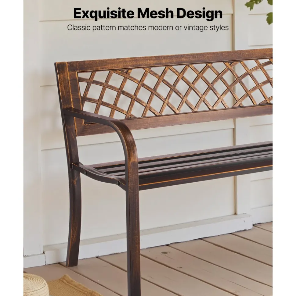 VEVOR Outdoor Bench, 46 inch, Carbon Steel Metal Frame with PVC Mesh Pattern Backrest and Round Edge Armrests, Weatherproof Outside Bench for Patio, Garden, Park, Yard, Front Porch, Antique Bronze