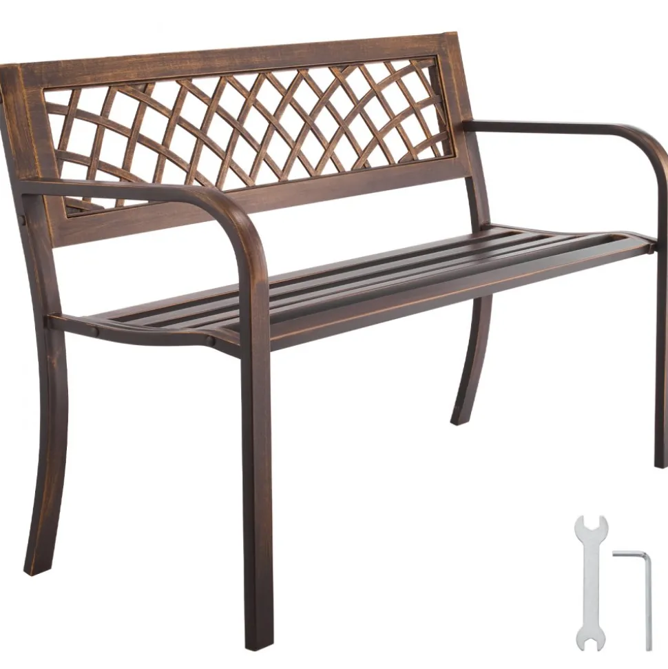 VEVOR Outdoor Bench, 46 inch, Carbon Steel Metal Frame with PVC Mesh Pattern Backrest and Round Edge Armrests, Weatherproof Outside Bench for Patio, Garden, Park, Yard, Front Porch, Antique Bronze