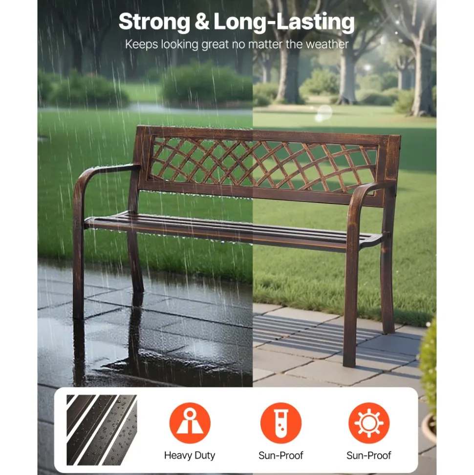 VEVOR Outdoor Bench, 46 inch, Carbon Steel Metal Frame with PVC Mesh Pattern Backrest and Round Edge Armrests, Weatherproof Outside Bench for Patio, Garden, Park, Yard, Front Porch, Antique Bronze