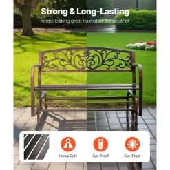 VEVOR Outdoor Bench, 50 inch, Carbon Steel Metal Frame with Cast Iron Backrest and Round Edge Armrests, Weatherproof Outside Glider Bench for Patio, Garden, Park, Yard, Front Porch, Antique Bronze