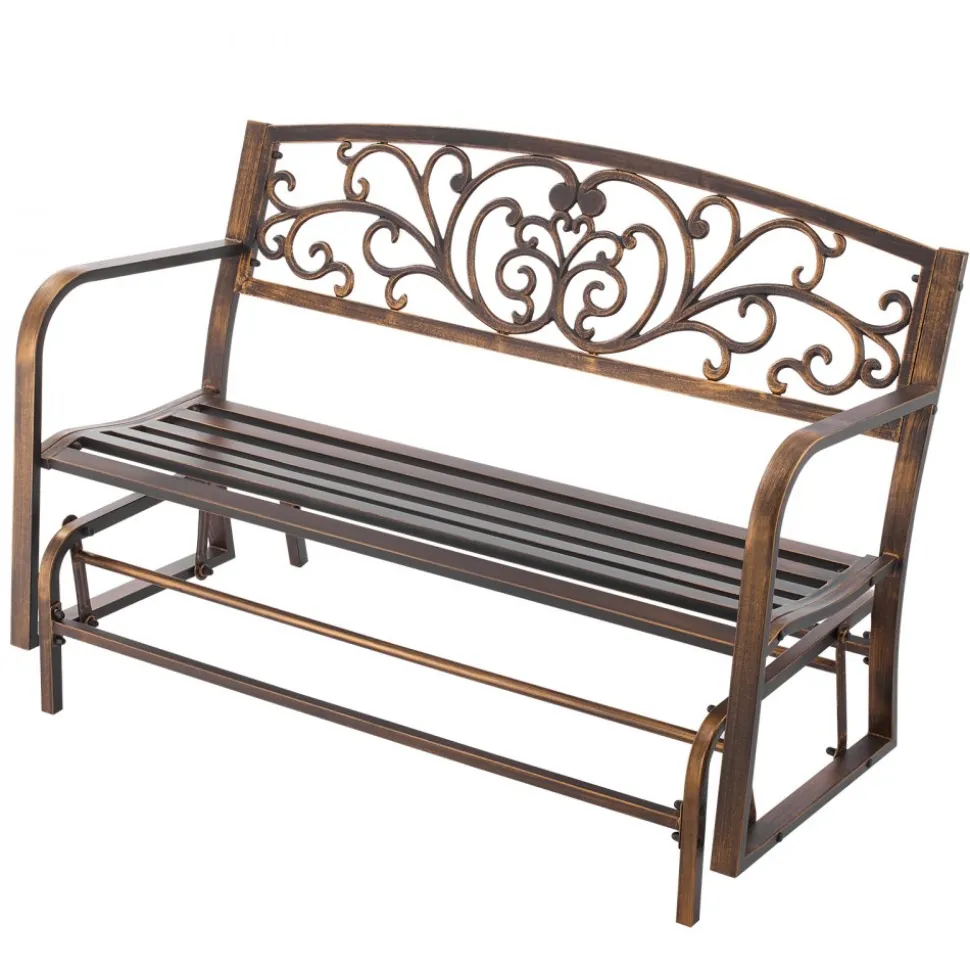 VEVOR Outdoor Bench, 50 inch, Carbon Steel Metal Frame with Cast Iron Backrest and Round Edge Armrests, Weatherproof Outside Glider Bench for Patio, Garden, Park, Yard, Front Porch, Antique Bronze