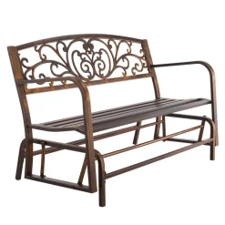 VEVOR Outdoor Bench, 50 inch, Carbon Steel Metal Frame with Cast Iron Backrest and Round Edge Armrests, Weatherproof Outside Glider Bench for Patio, Garden, Park, Yard, Front Porch, Antique Bronze