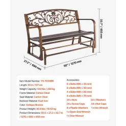 VEVOR Outdoor Bench, 50 inch, Carbon Steel Metal Frame with Cast Iron Backrest and Round Edge Armrests, Weatherproof Outside Glider Bench for Patio, Garden, Park, Yard, Front Porch, Antique Bronze