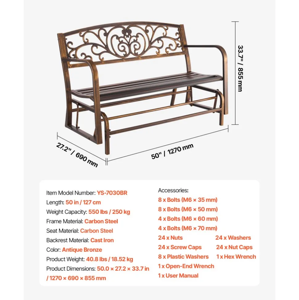 VEVOR Outdoor Bench, 50 inch, Carbon Steel Metal Frame with Cast Iron Backrest and Round Edge Armrests, Weatherproof Outside Glider Bench for Patio, Garden, Park, Yard, Front Porch, Antique Bronze