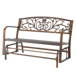 VEVOR Outdoor Bench, 50 inch, Carbon Steel Metal Frame with Cast Iron Backrest and Round Edge Armrests, Weatherproof Outside Glider Bench for Patio, Garden, Park, Yard, Front Porch, Antique Bronze