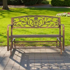 VEVOR Outdoor Bench, 50 inch, Carbon Steel Metal Frame with Cast Iron Backrest and Round Edge Armrests, Weatherproof Outside Glider Bench for Patio, Garden, Park, Yard, Front Porch, Antique Bronze