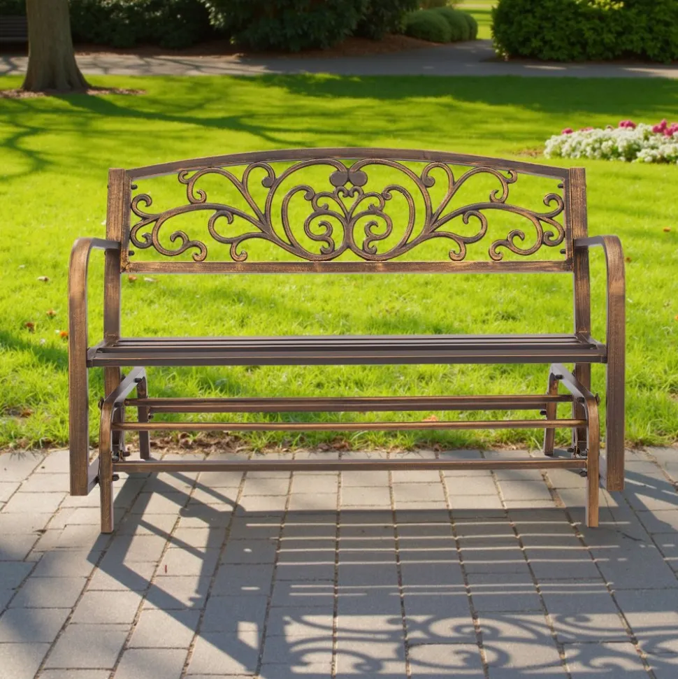 VEVOR Outdoor Bench, 50 inch, Carbon Steel Metal Frame with Cast Iron Backrest and Round Edge Armrests, Weatherproof Outside Glider Bench for Patio, Garden, Park, Yard, Front Porch, Antique Bronze
