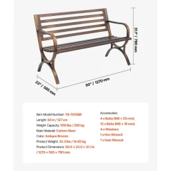 VEVOR Outdoor Bench, 50 inch, Carbon Steel Metal Frame with Slatted Pattern Backrest and Round Edge Armrests, Weatherproof Outside Bench for Patio, Garden, Park, Yard, Front Porch, Antique Bronze