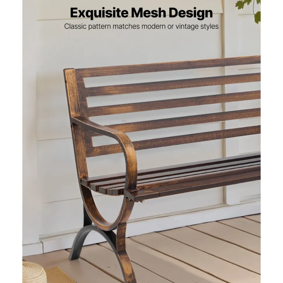 VEVOR Outdoor Bench, 50 inch, Carbon Steel Metal Frame with Slatted Pattern Backrest and Round Edge Armrests, Weatherproof Outside Bench for Patio, Garden, Park, Yard, Front Porch, Antique Bronze