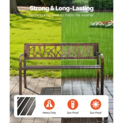 VEVOR Outdoor Bench, 50 inch, Carbon Steel Metal Frame with PVC Floral Pattern Backrest and Round Edge Armrests, Weatherproof Outside Bench for Patio, Garden, Park, Yard, Front Porch, Antique Bronze