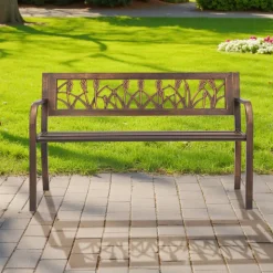 VEVOR Outdoor Bench, 50 inch, Carbon Steel Metal Frame with PVC Floral Pattern Backrest and Round Edge Armrests, Weatherproof Outside Bench for Patio, Garden, Park, Yard, Front Porch, Antique Bronze