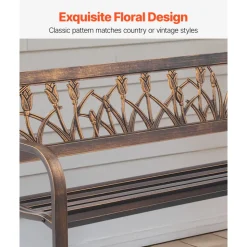 VEVOR Outdoor Bench, 50 inch, Carbon Steel Metal Frame with PVC Floral Pattern Backrest and Round Edge Armrests, Weatherproof Outside Bench for Patio, Garden, Park, Yard, Front Porch, Antique Bronze