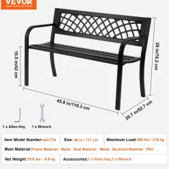 VEVOR Outdoor Bench,46 inches Metal Garden Bench for Outdoors, 480 lbs Load Capacity Bench, Outdoor Garden Park Bench with Backrest and Armrests, Patio Bench for Garden, Park, Yard, Front Porch