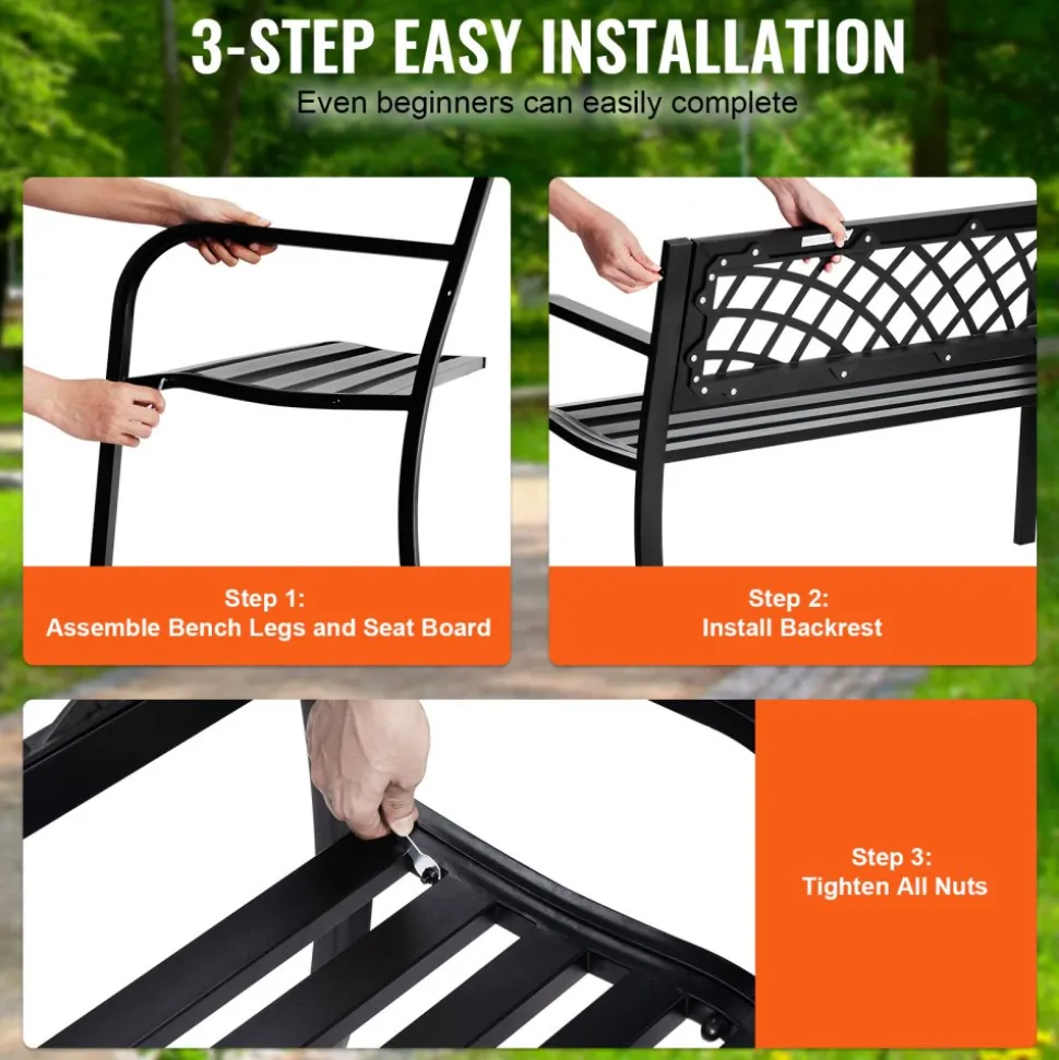 VEVOR Outdoor Bench,46 inches Metal Garden Bench for Outdoors, 480 lbs Load Capacity Bench, Outdoor Garden Park Bench with Backrest and Armrests, Patio Bench for Garden, Park, Yard, Front Porch