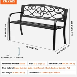 VEVOR Outdoor Bench, 38.8 inches Metal Garden Bench for Outdoors,480 lbs Load Capacity Bench, Outdoor Garden Park Bench with Backrest and Armrests, Patio Bench for Garden, Park, Yard, Front Porch