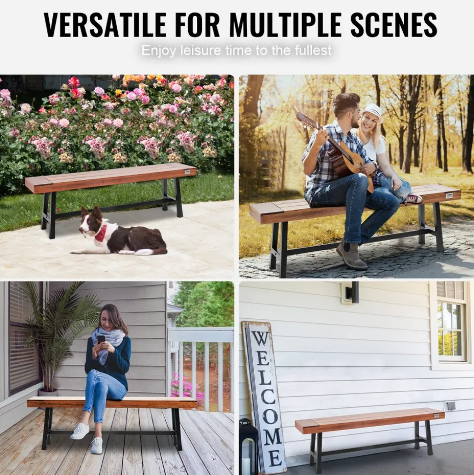VEVOR Outdoor Bench, 63 inches Wood Garden Bench with Metal Leg for Outdoors, Outdoor Garden Park Bench, 500 lbs Load Capacity Bench, Dining Bench Patio Bench for Garden, Park, Yard, Front Porch