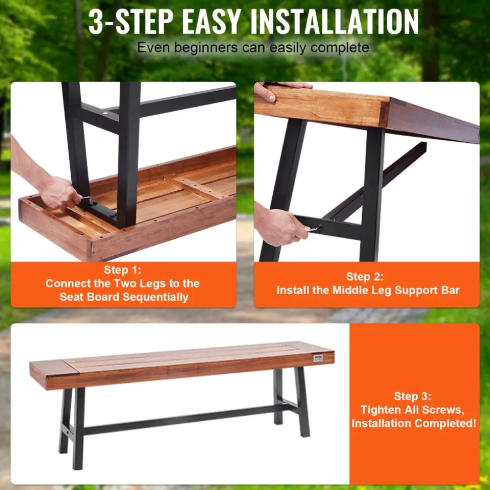 VEVOR Outdoor Bench, 63 inches Wood Garden Bench with Metal Leg for Outdoors, Outdoor Garden Park Bench, 500 lbs Load Capacity Bench, Dining Bench Patio Bench for Garden, Park, Yard, Front Porch