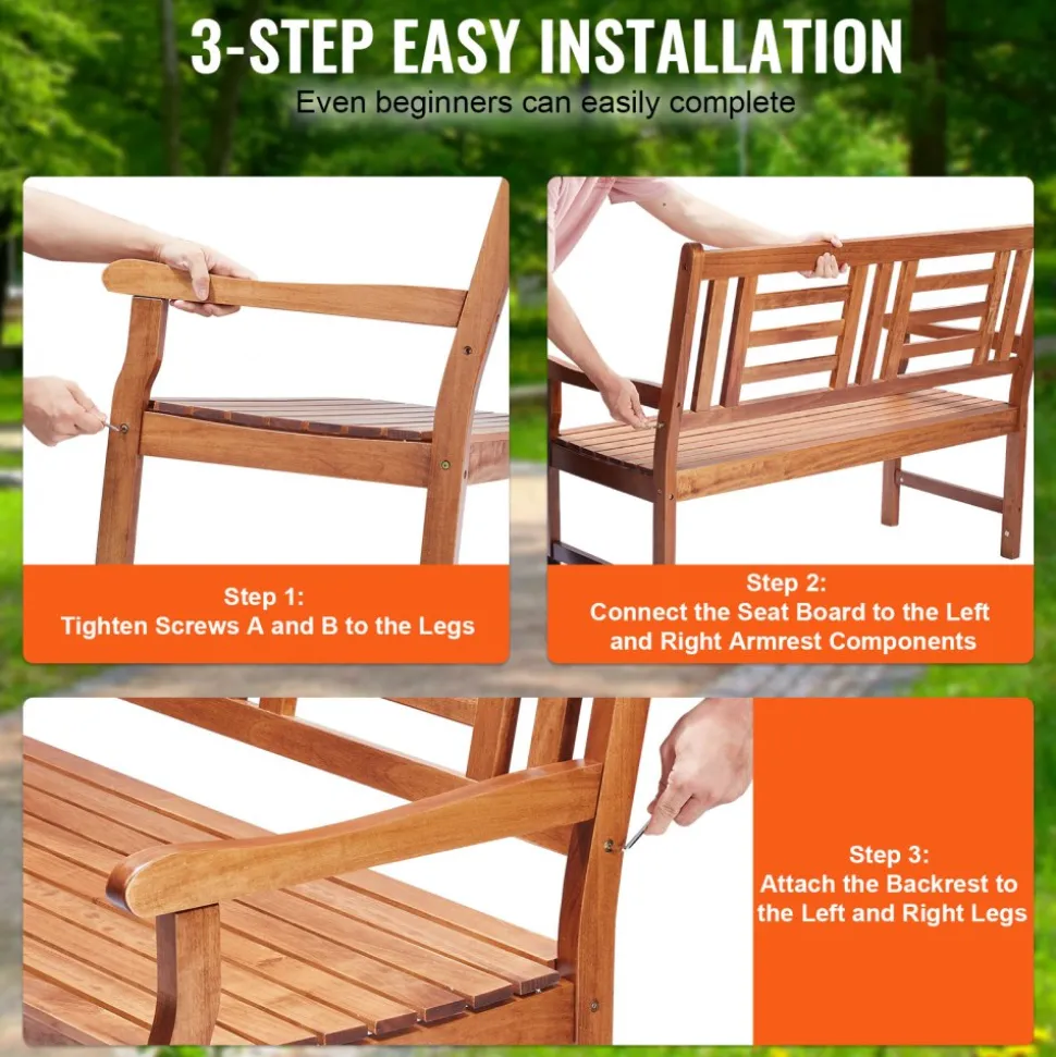 VEVOR Outdoor Bench, 48 inches Wood Garden Bench for Outdoors, Outdoor Garden Park Bench with Backrest and Armrests, 700 lbs Load Capacity Bench, Patio Bench for Garden, Park, Yard, Front Porch