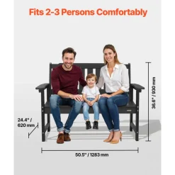 VEVOR Outdoor Bench, 50.5 inch, 800 lbs Weight Capacity for 2-3 Persons, Weatherproof Plastic Frame with Backrest and Wide Armrests, Outside Bench for Patio, Garden, Park, Yard, Front Porch, Black
