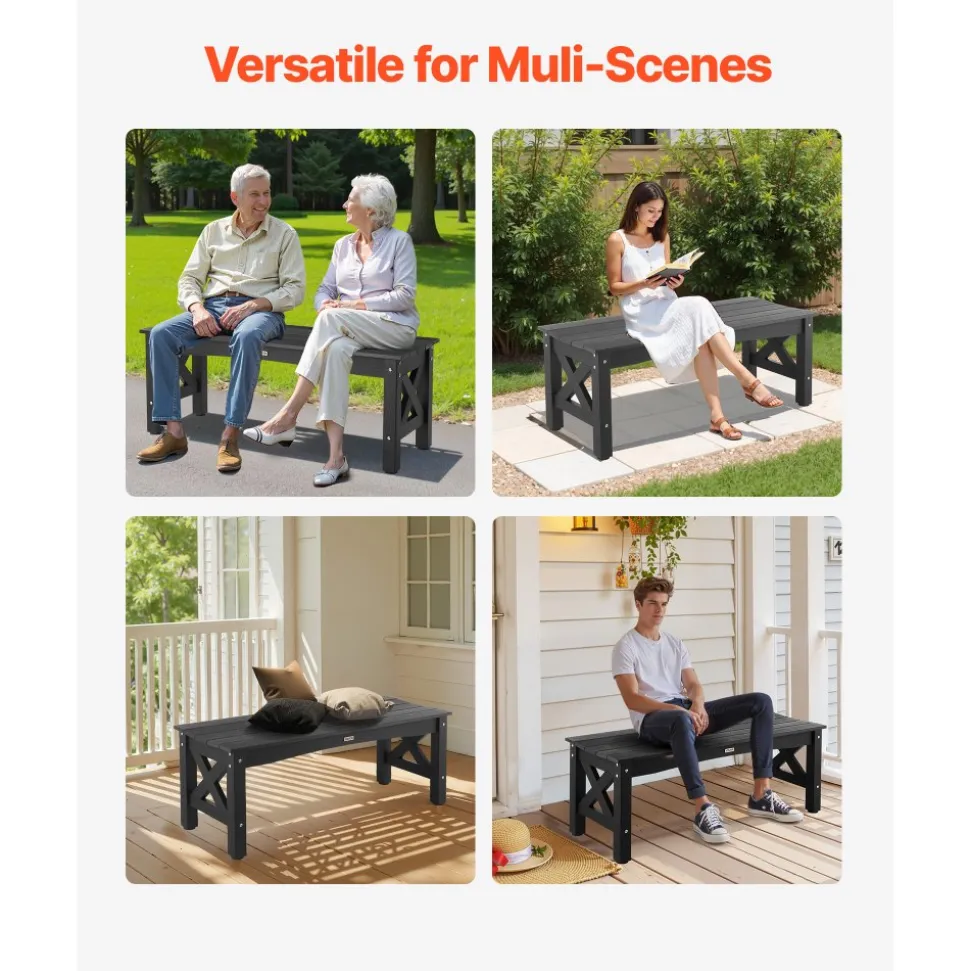 VEVOR Outdoor Bench, 44.5 inch, 600 lbs Weight Capacity, Weatherproof Plastic Frame with Adjustable Level Footpads and Thick Leg, Outside Bench for Patio, Garden, Park, Yard, Front Porch, Black