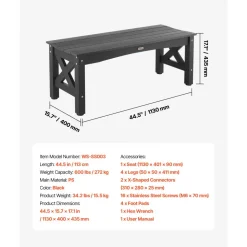VEVOR Outdoor Bench, 44.5 inch, 600 lbs Weight Capacity, Weatherproof Plastic Frame with Adjustable Level Footpads and Thick Leg, Outside Bench for Patio, Garden, Park, Yard, Front Porch, Black