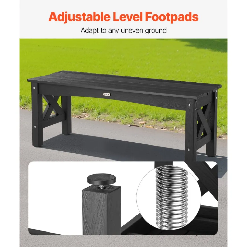 VEVOR Outdoor Bench, 44.5 inch, 600 lbs Weight Capacity, Weatherproof Plastic Frame with Adjustable Level Footpads and Thick Leg, Outside Bench for Patio, Garden, Park, Yard, Front Porch, Black