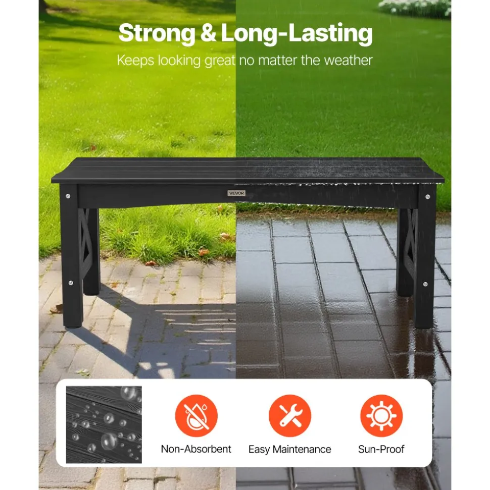 VEVOR Outdoor Bench, 44.5 inch, 600 lbs Weight Capacity, Weatherproof Plastic Frame with Adjustable Level Footpads and Thick Leg, Outside Bench for Patio, Garden, Park, Yard, Front Porch, Black