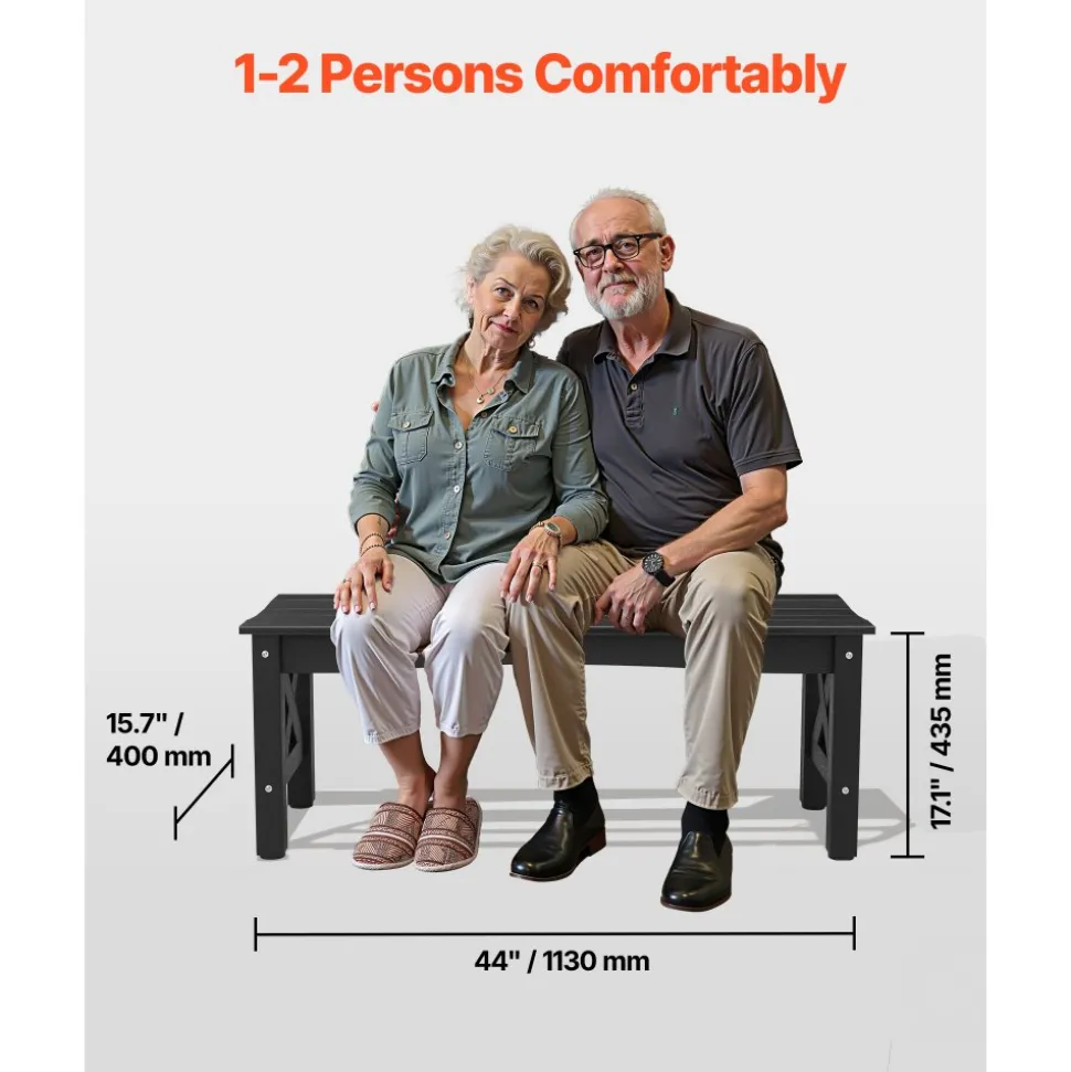VEVOR Outdoor Bench, 44.5 inch, 600 lbs Weight Capacity, Weatherproof Plastic Frame with Adjustable Level Footpads and Thick Leg, Outside Bench for Patio, Garden, Park, Yard, Front Porch, Black