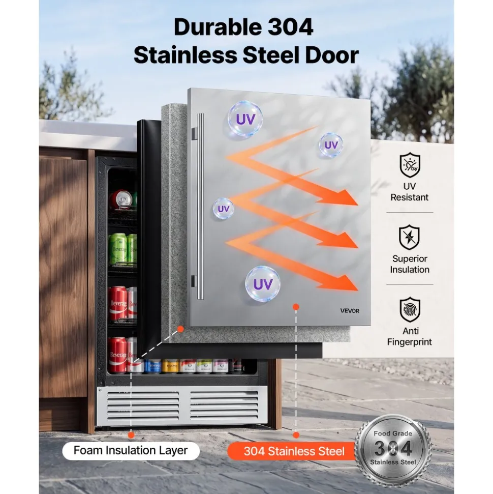 VEVOR Outdoor Beverage Refrigerator, 24 Inch Undercounter Drink Fridge, 304 Stainless Steel Door, 5.0 Cu. Ft, Hold 180 Cans, Powerful Cooling System, Built-in / Freestand Cooler, Home Bar & Patio