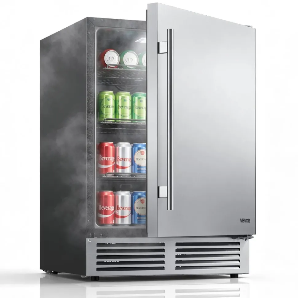 VEVOR Outdoor Beverage Refrigerator, 24 Inch Undercounter Drink Fridge, 304 Stainless Steel Door, 5.0 Cu. Ft, Hold 180 Cans, Powerful Cooling System, Built-in / Freestand Cooler, Home Bar & Patio