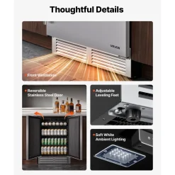 VEVOR Outdoor Beverage Refrigerator, 24 Inch Undercounter Drink Fridge, 304 Stainless Steel Door, 5.0 Cu. Ft, Hold 180 Cans, Powerful Cooling System, Built-in / Freestand Cooler, Home Bar & Patio