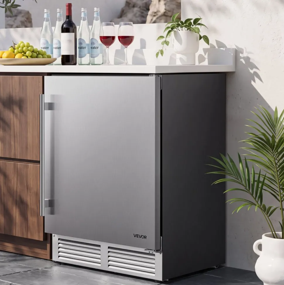 VEVOR Outdoor Beverage Refrigerator, 24 Inch Undercounter Drink Fridge, 304 Stainless Steel Door, 5.0 Cu. Ft, Hold 180 Cans, Powerful Cooling System, Built-in / Freestand Cooler, Home Bar & Patio