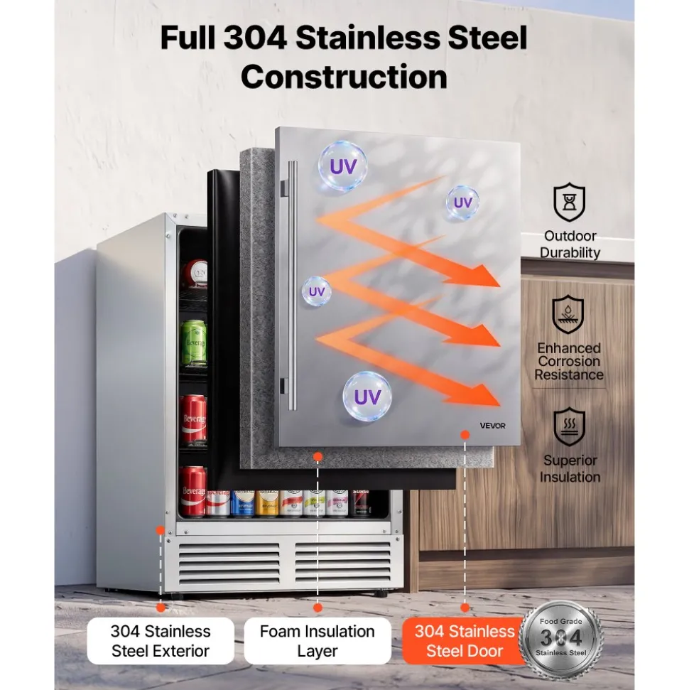 VEVOR Outdoor Beverage Refrigerator, 24 Inch Undercounter Drink Fridge, 304 Stainless Steel Body, 5.0 Cu. Ft, Hold 180 Cans, Powerful Cooling System, Built-in / Freestand Cooler, Home Bar & Patio